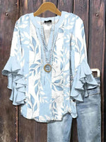 Casual Leaf Print V-neck Half Sleeve Blouse