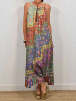 LilyWish Women's Vintage Bohemian Floral Collage Art Print Sleeveless Pocket Dress
