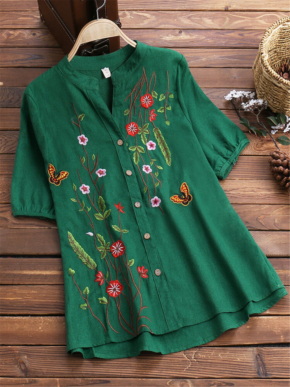 LilyWish Cotton Floral Print Casual V-neck Short Sleeve Blouse