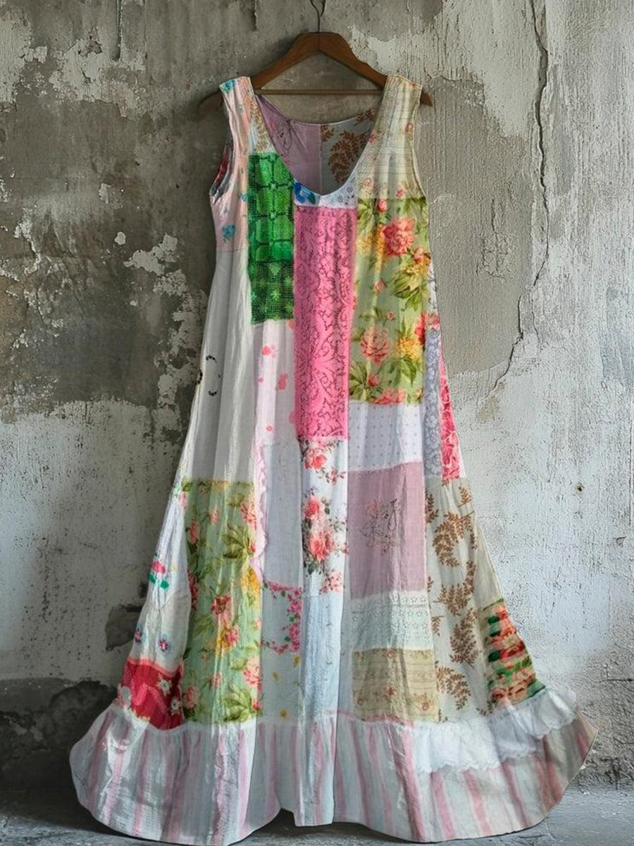 Fresh V-neck Floral Print Sleeveless Maxi Dress