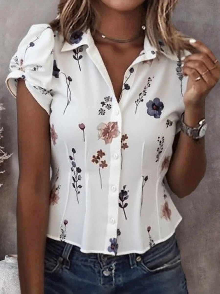 Breezy Floral Print Collared Short Sleeve Shirt
