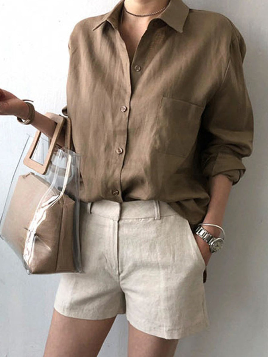 LilyWish Coffee Casual Loose Plain V Neck Shirt