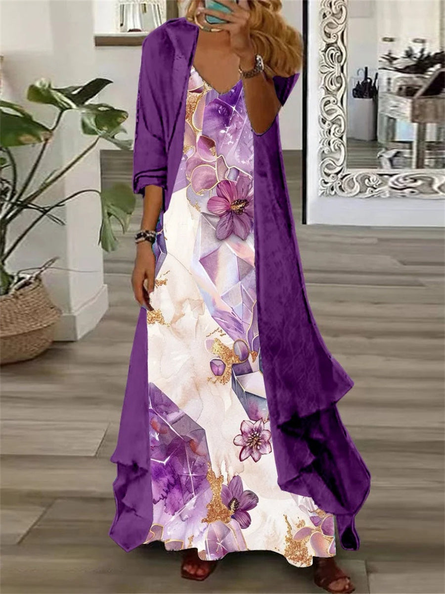 LilyWish Women's Long Sleeve V-neck Graphic Printed Two Pieces Maxi Dress