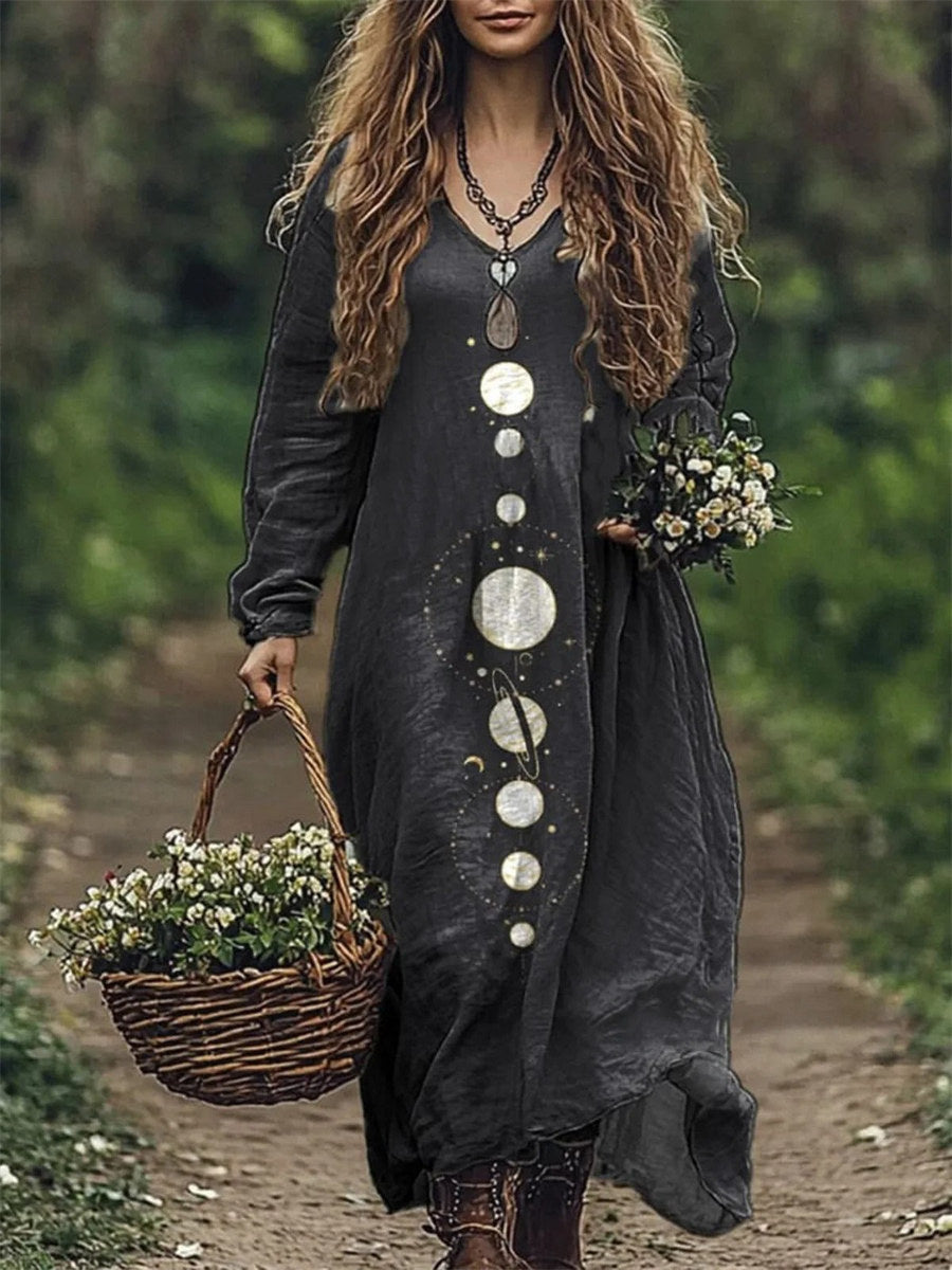 Starry Sky V Neck Long Sleeve Black Comfy Maxi Dress