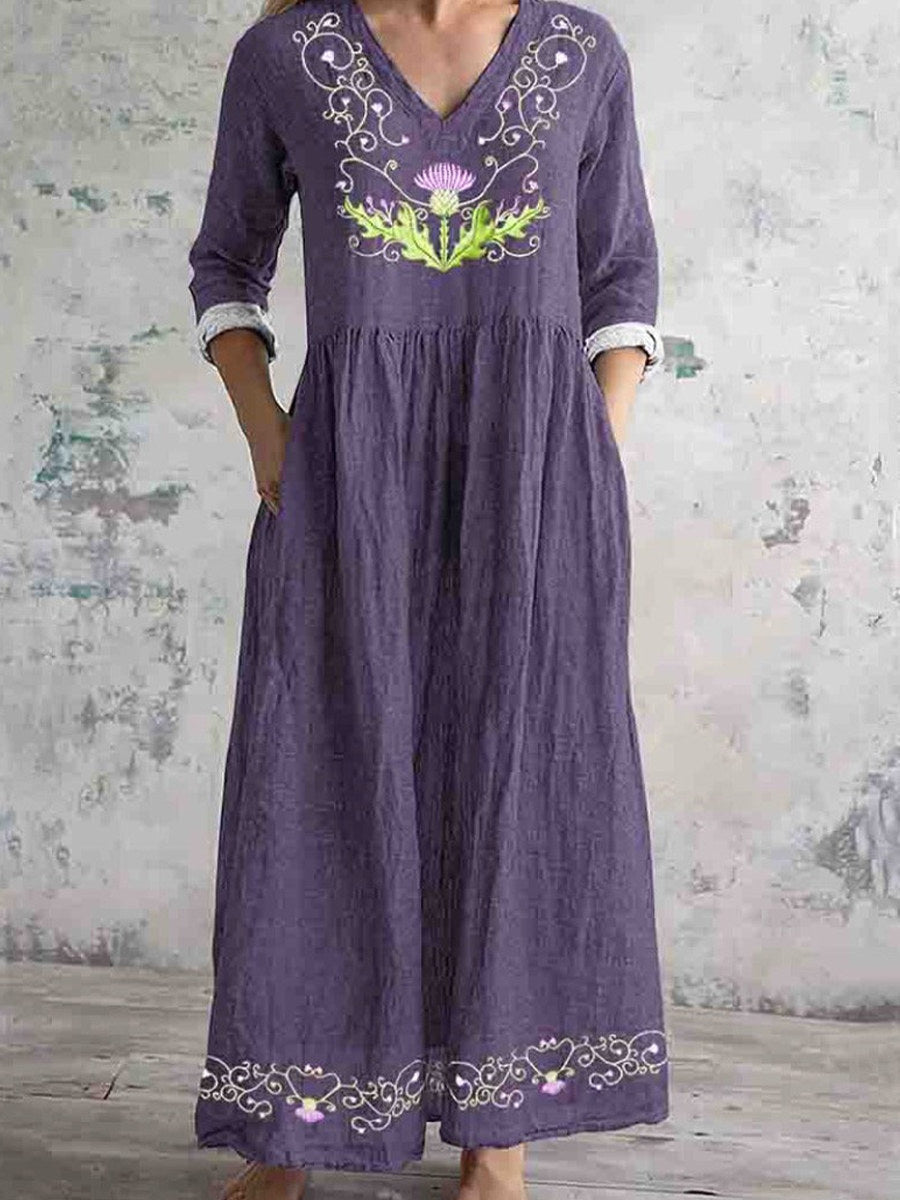LilyWish Floral Printed V-Neck Long Sleeve Comfy Vintage Maxi Dress