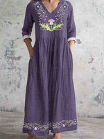 LilyWish Floral Printed V-Neck Long Sleeve Comfy Vintage Maxi Dress