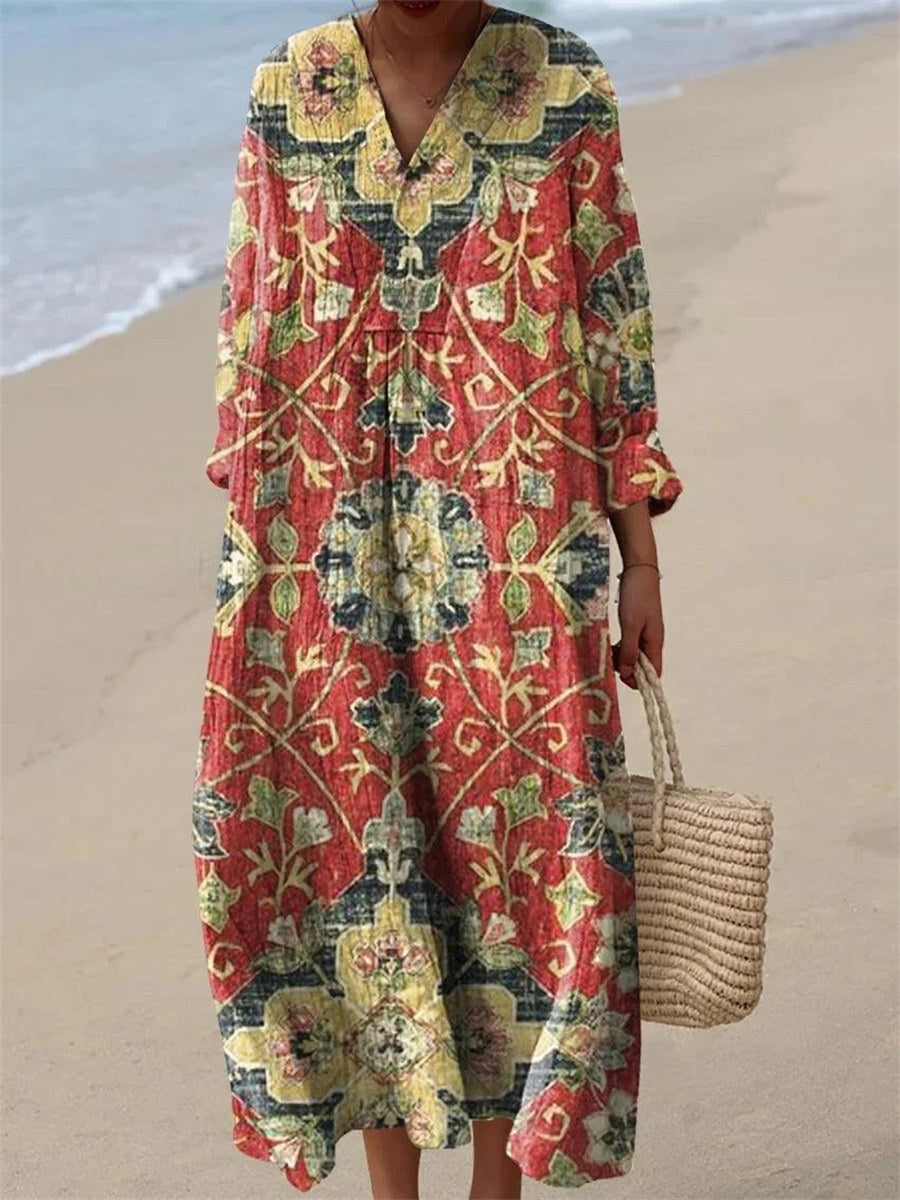 LilyWish Vintage Floral Printed V-neck Long Sleeve Loose Maxi Dress