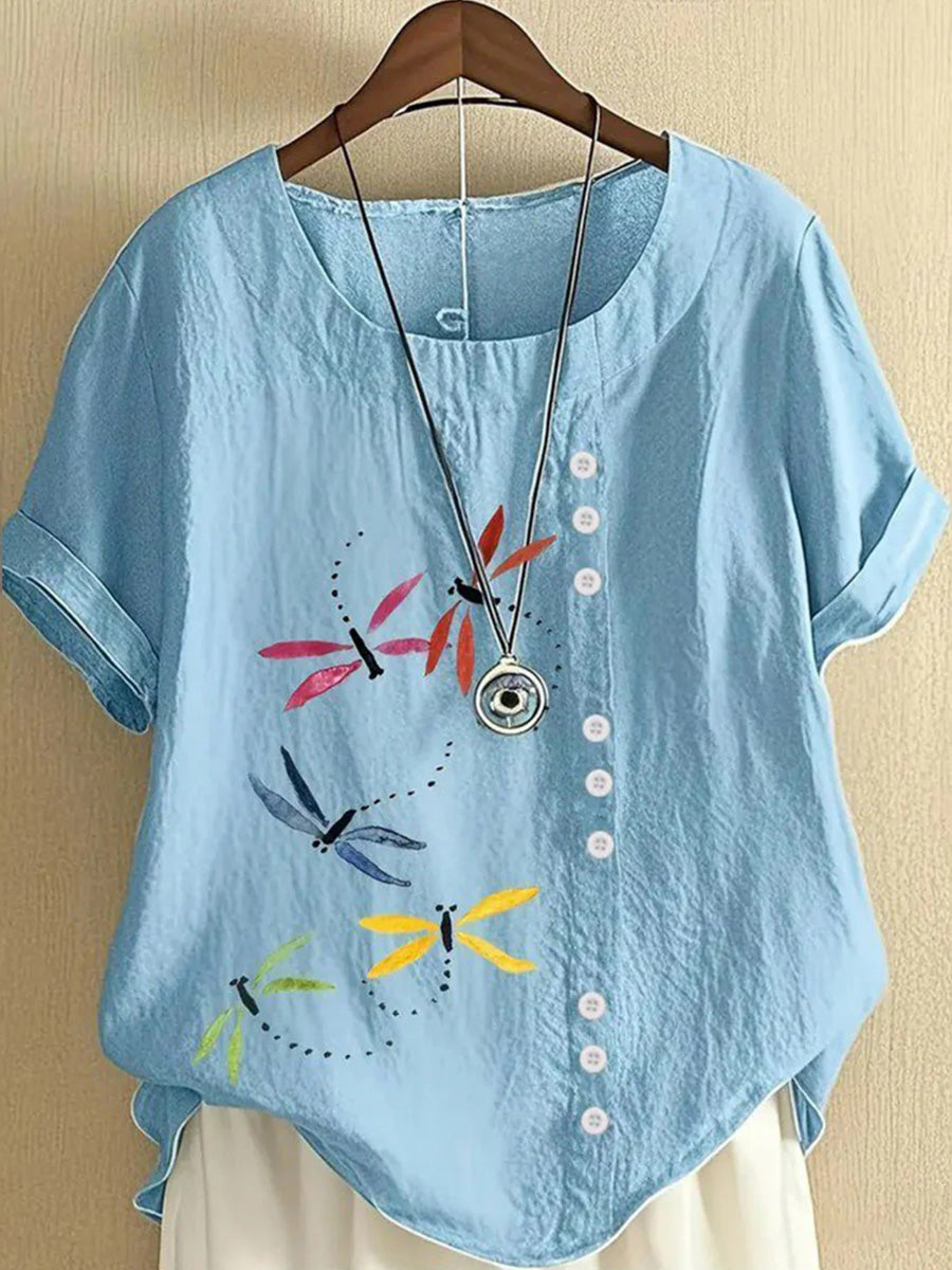 LilyWish Blue Round Neck Short Sleeve Top