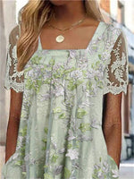 Women's Short Sleeve Square Collar Floral Printed Lace Stitching Midi Dress