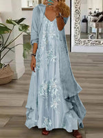 Women's Long Sleeve V-neck Floral Printed Two Pieces Maxi Dress