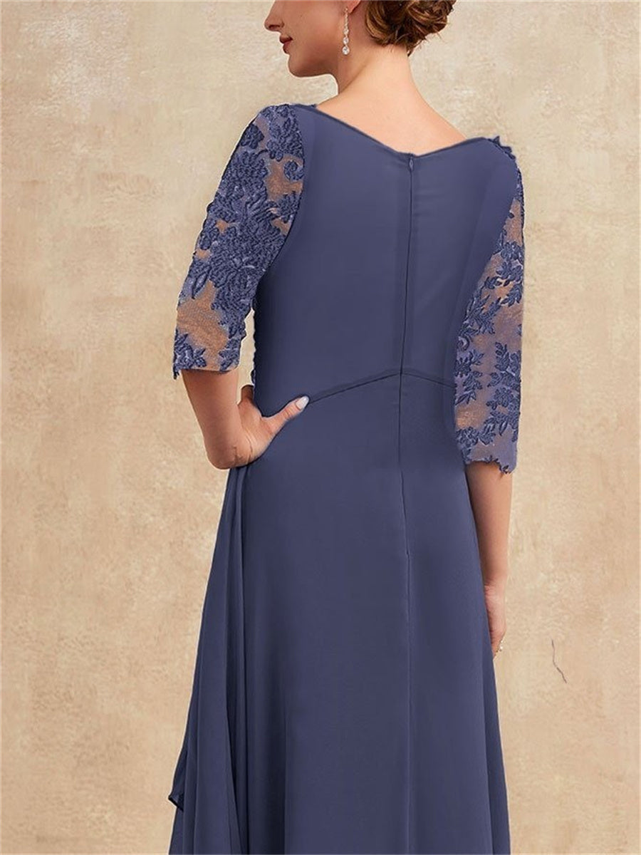 Chiffon Lace Crew Neck Blue Dress