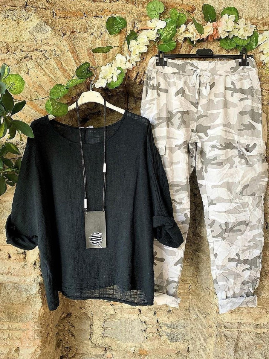 Black Casual Round Neck Solid Long Sleeve Two Piece Sets