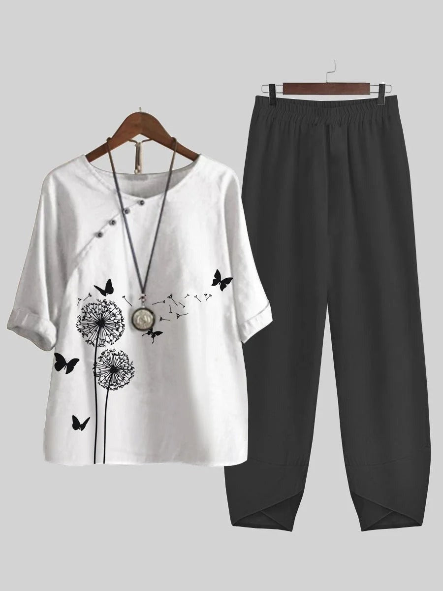 Black White Casual Butterfly Printed Half Sleeve Two Piece Sets