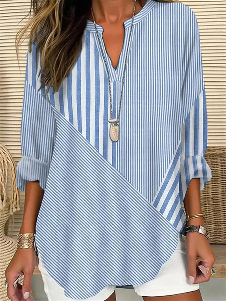 Women's Casual Striped Long Sleeve Notch Collar Loose Fit Shirt