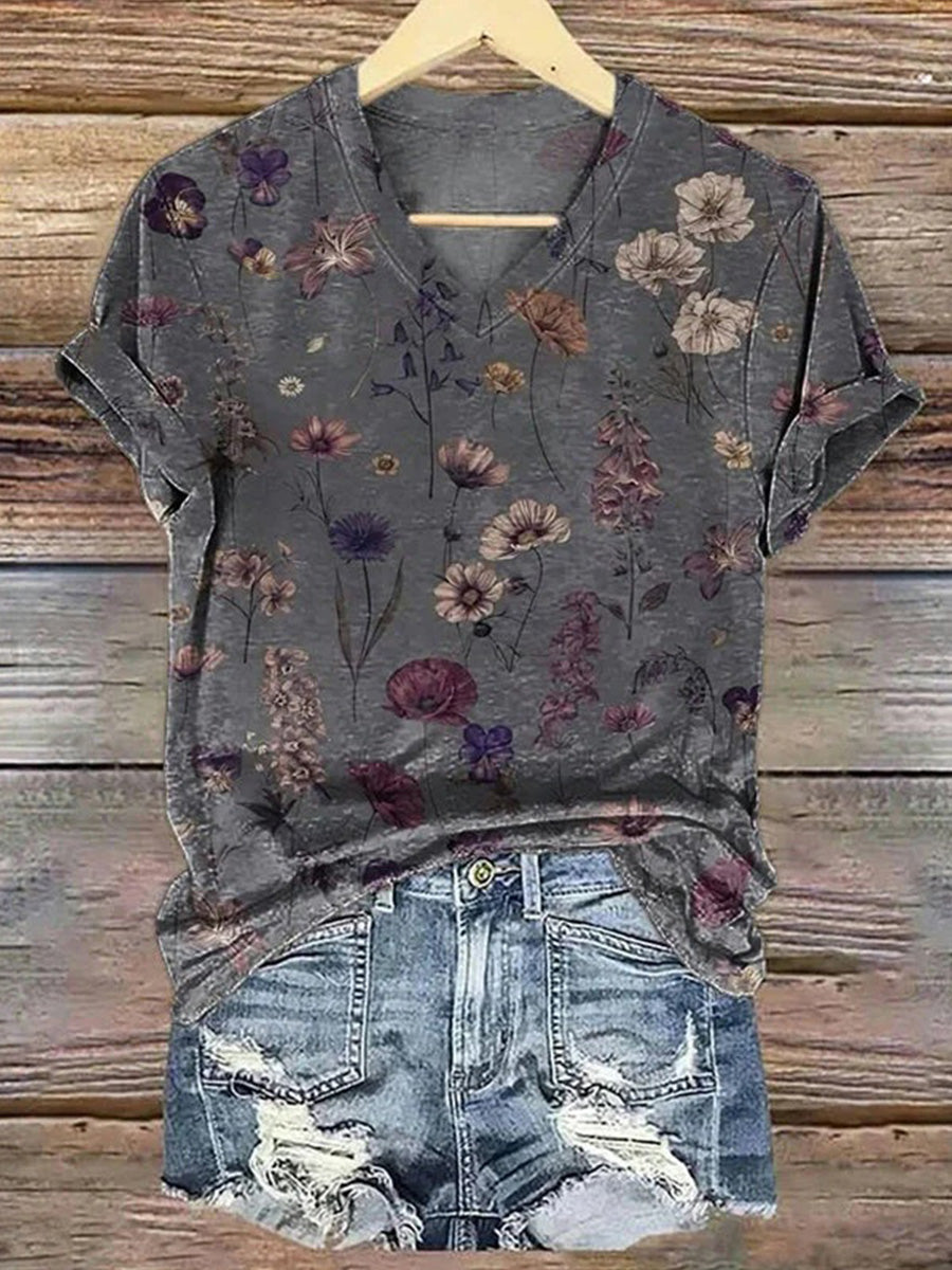 LilyWish Vintage Floral Print V-neck Short Sleeve T-Shirt