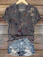 LilyWish Vintage Floral Print V-neck Short Sleeve T-Shirt