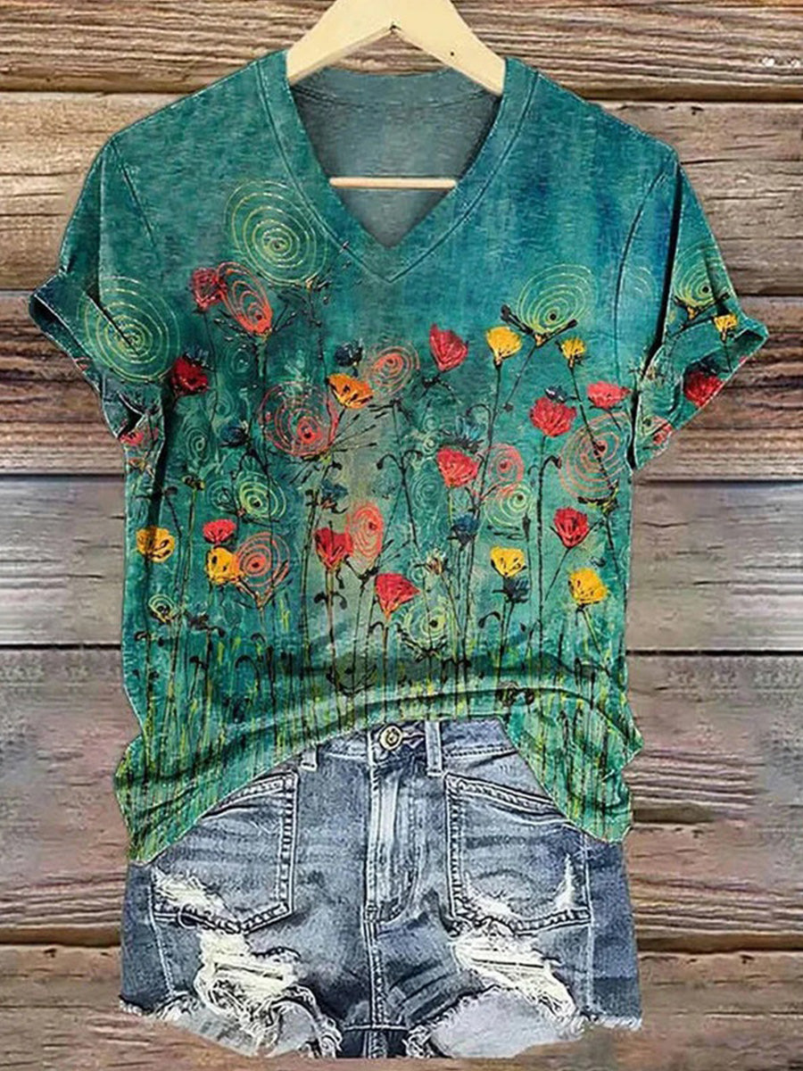 LilyWish Vintage Floral Print V-neck Short Sleeve T-Shirt