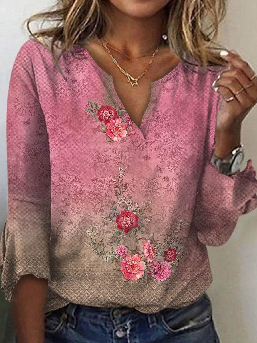 LilyWish Sweet Pink Floral Print V-neck 3/4 Sleeve Top