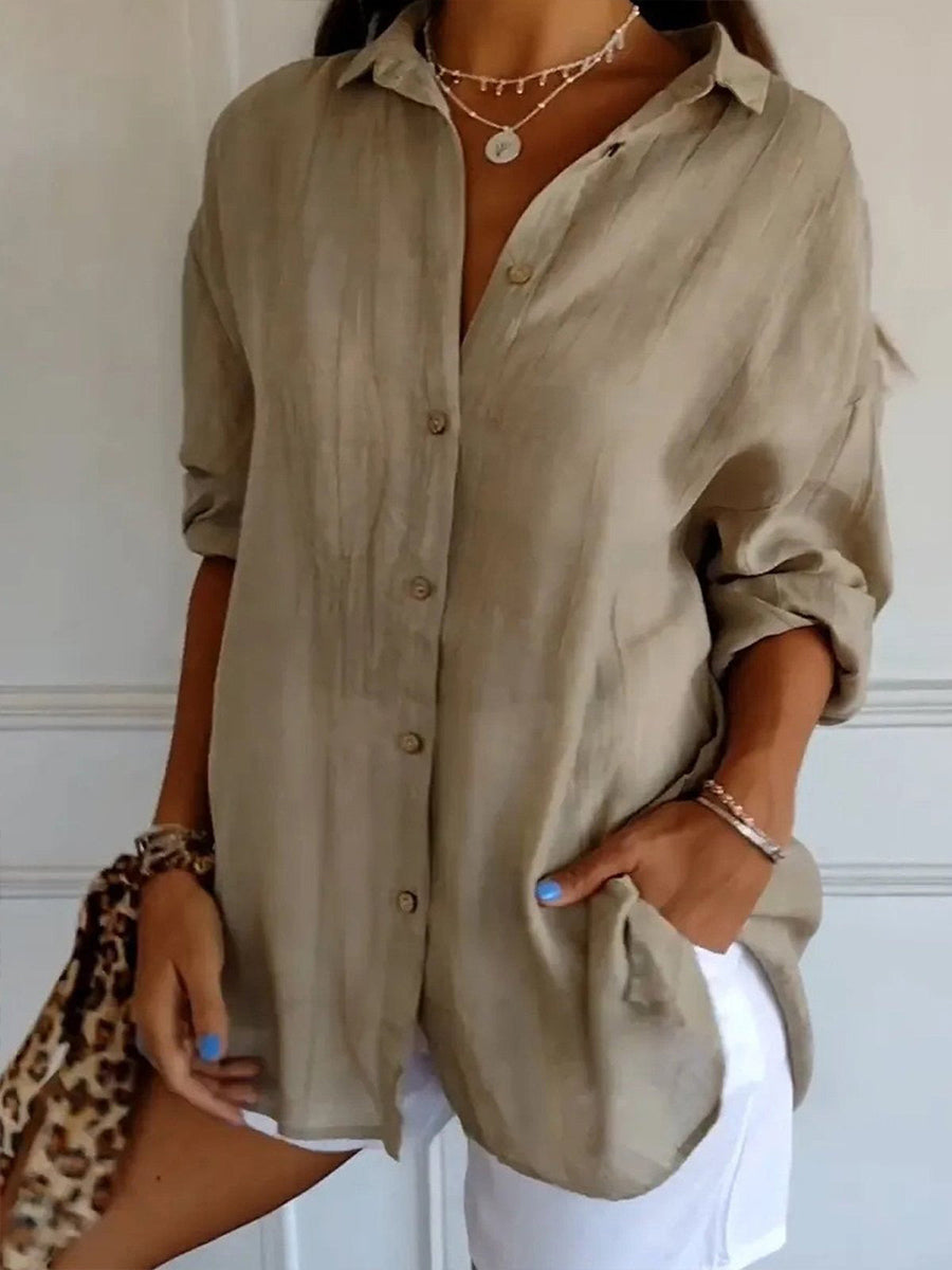 LilyWish Solid Casual Buttoned Loose V Neck Blouse