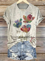 LilyWish Vintage Floral Print Round Neck Short Sleeve T-Shirt