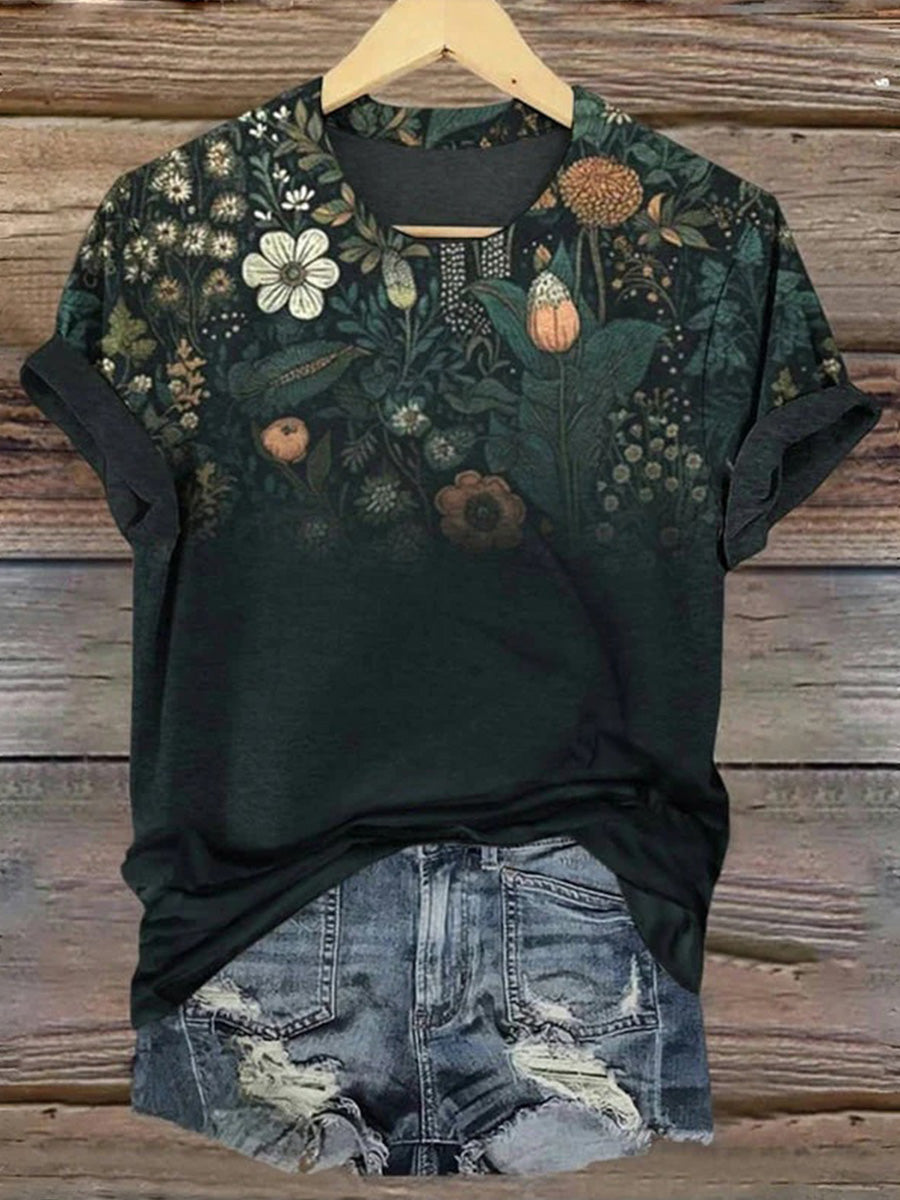 LilyWish Vintage Floral Print Round Neck Short Sleeve T-Shirt