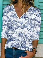 Abstract Print V-neck Casual Long Sleeve Top