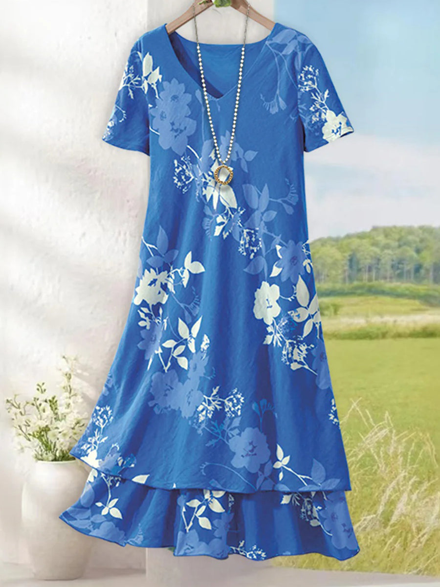 Blue Floral Print V-neck Short Sleeve Mini Dress