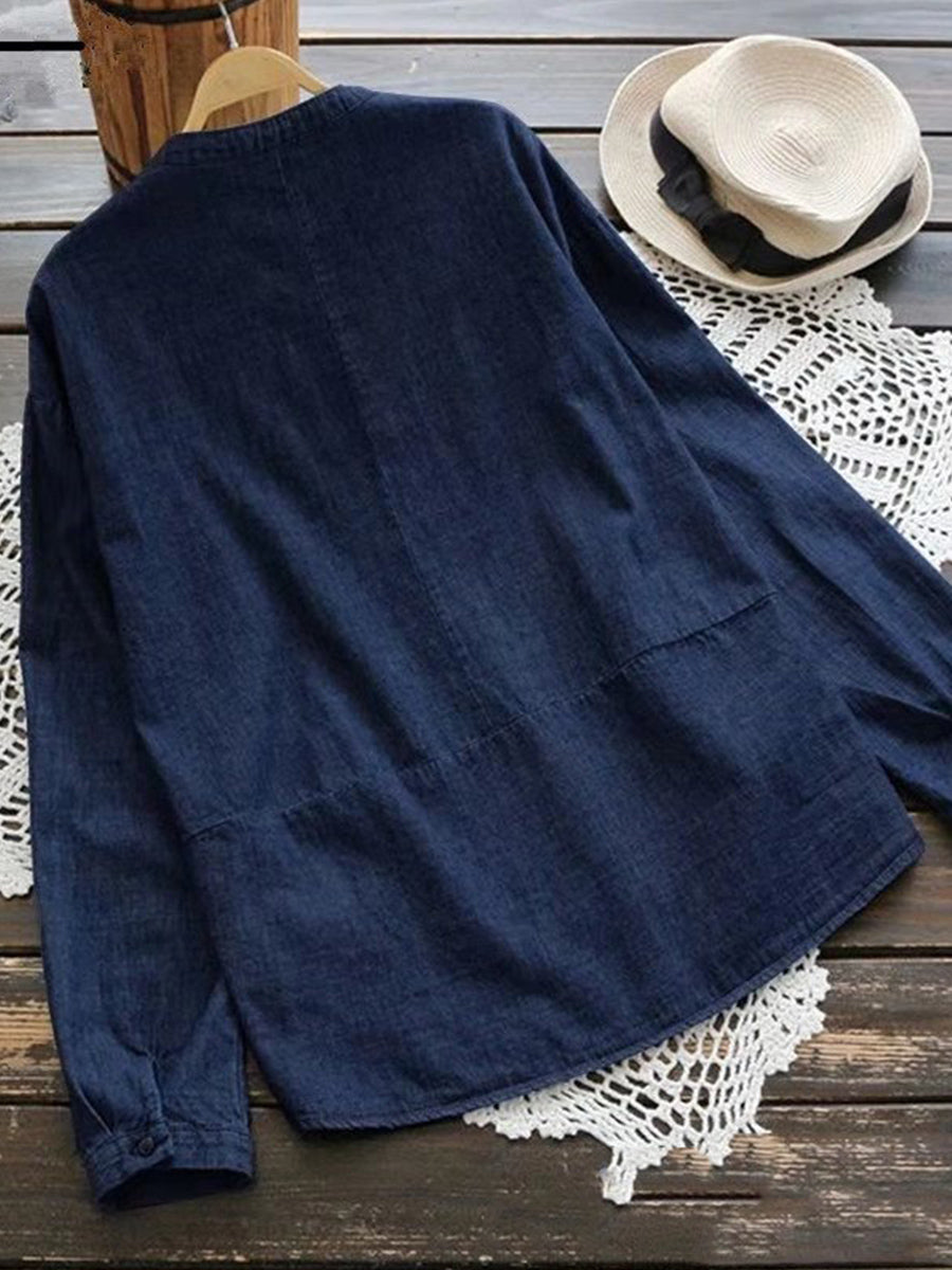 LilyWish Leisure Stand Up Collar Washed Denim Irregular Long Sleeved Shirt