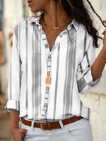 LilyWish Stripe Print Lapel Long Sleeve Gray Blouse