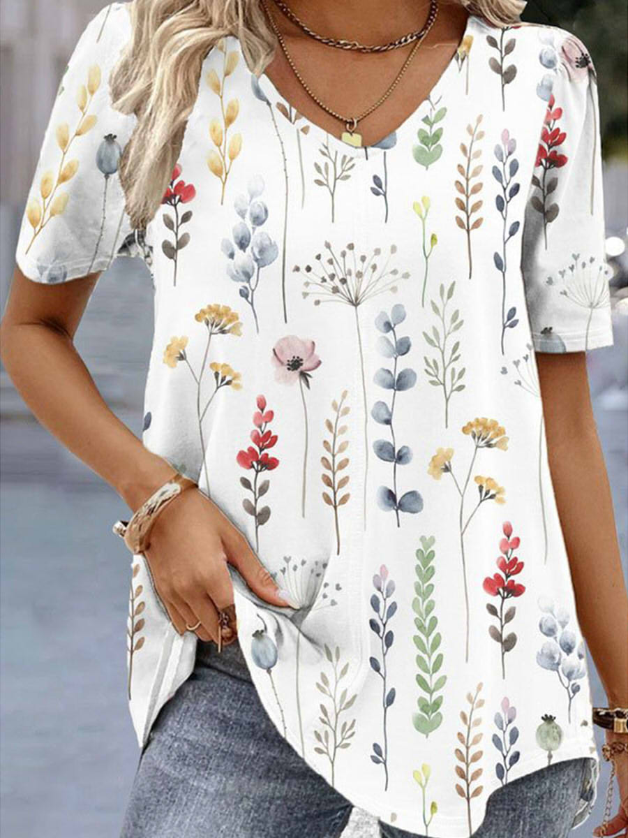 LilyWish V Neck Short Sleeve Casual Loose Floral Shirt