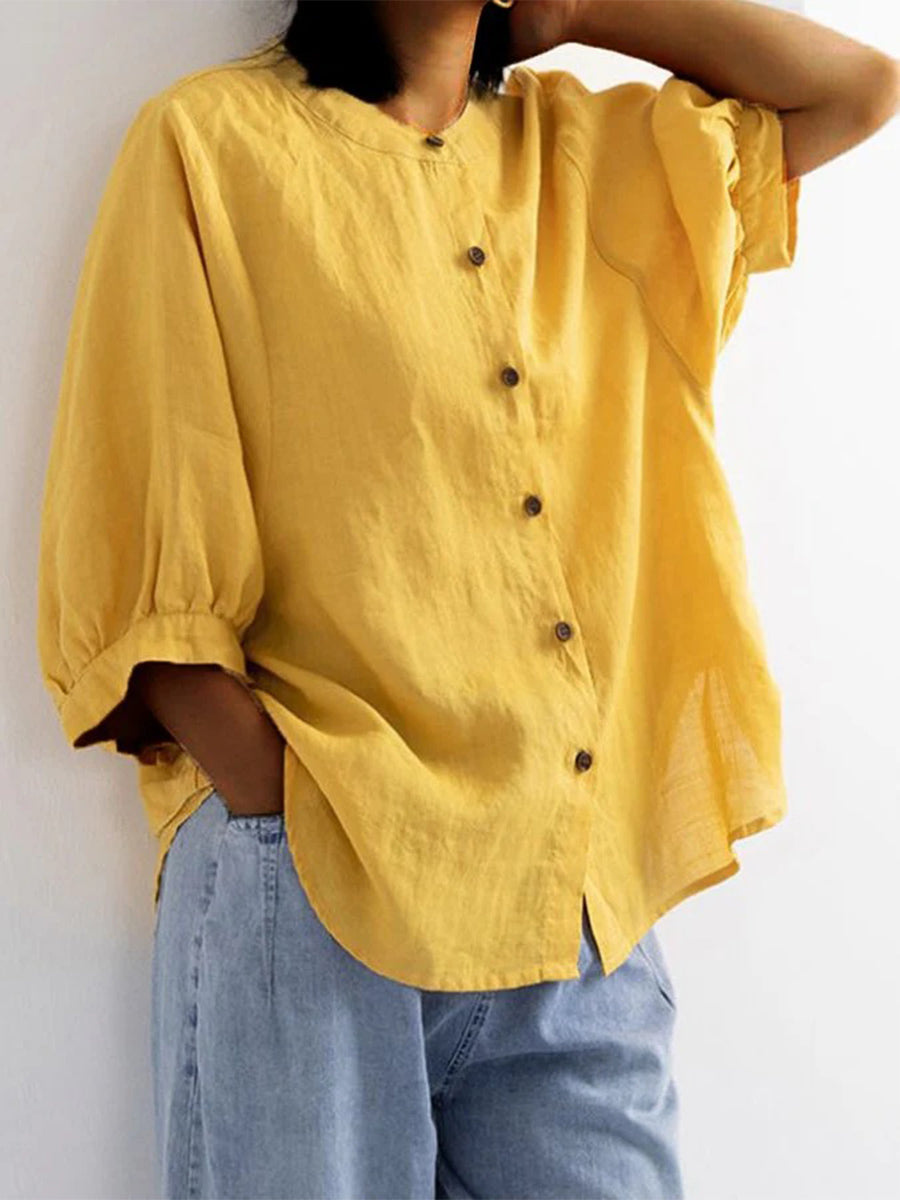 Women's Solid Color Lantern Sleeve Retro Loose Half Sleeve Cotton Linen Shirt