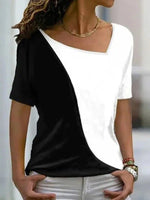 Black-white Casual V Neck Splicing Short Sleeve Blouse