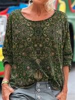 Ethnic Printed Round Neck Long Sleeve Loose T-shirt