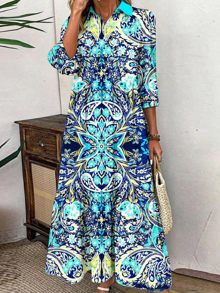 Blue Lapel 3/4 Sleeve Maxi Dress