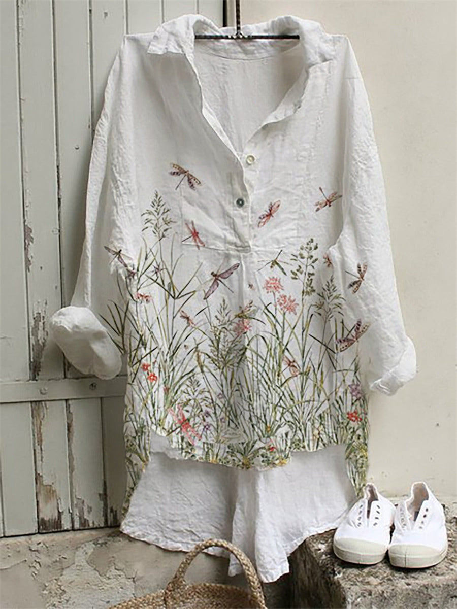 LilyWish Floral Print V-Neck Plus Size Long Sleeve Blouse