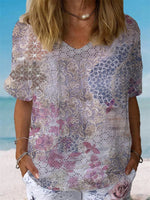 Women's Round Neck Short Sleeve Floral Print Blouse