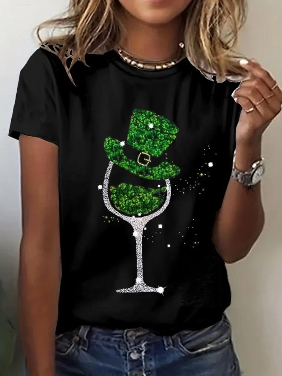 LilyWish Wine Glasses Print Round Neck Short Sleeve Black T-shirt