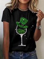 LilyWish Wine Glasses Print Round Neck Short Sleeve Black T-shirt