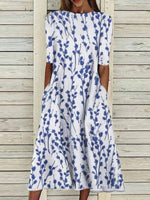 LilyWish Women's Blue Botanical Print Half Sleeve Loose Midi Dress with Pockets