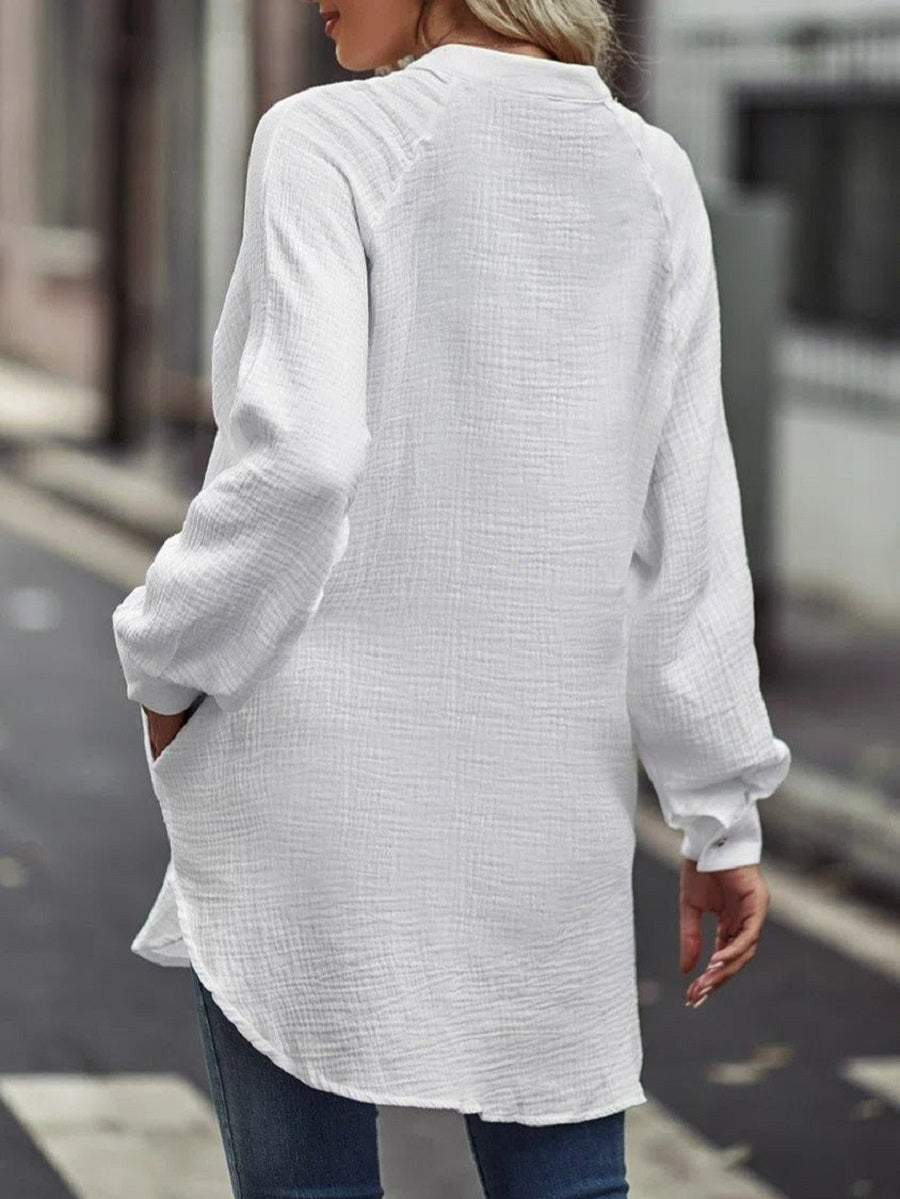 LilyWish White Casual Solid Blouse with Pockets