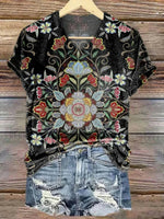 LilyWish Vintage Floral Print V-neck Short Sleeve T-Shirt