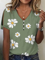 LilyWish Green Casual V Neck Floral Printed Short Sleeve Blouse