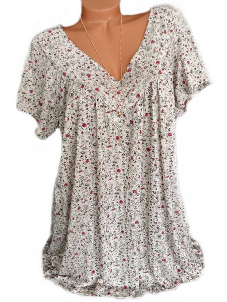 LilyWish Print Floral Short Sleeve V-neck Blouse