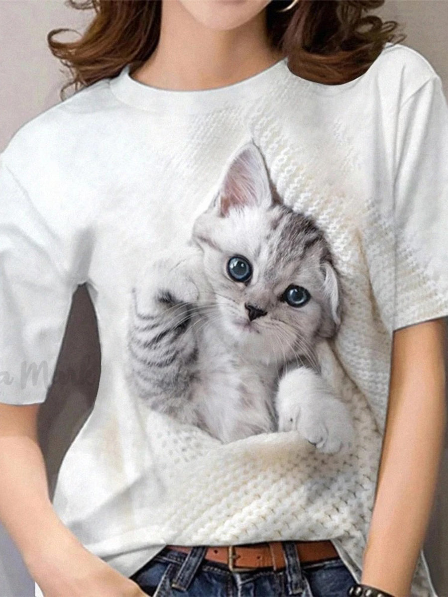 Women’s Cute Cat Print Short Sleeve Crew Neck Casual T-shirt