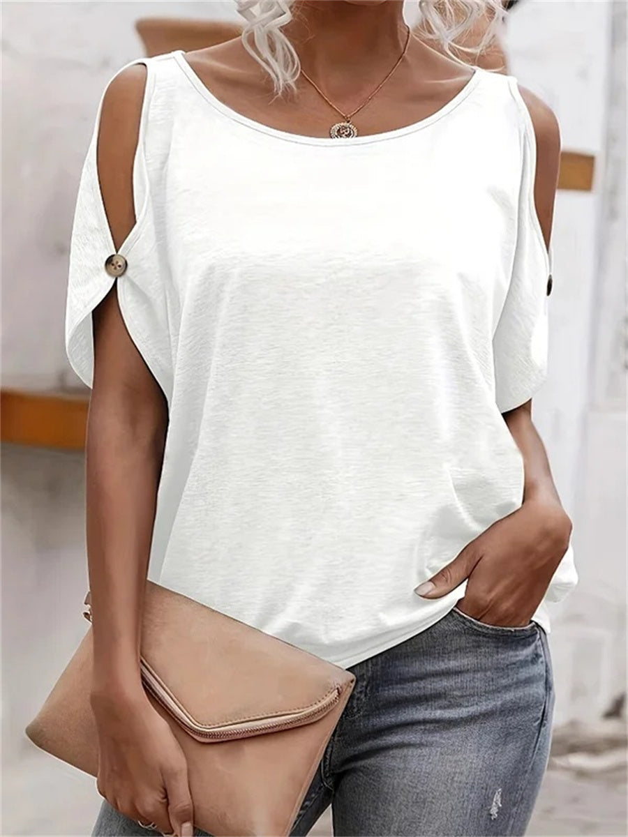 Loose Short Sleeve Split-Joint Cold Shoulder T-Shirt