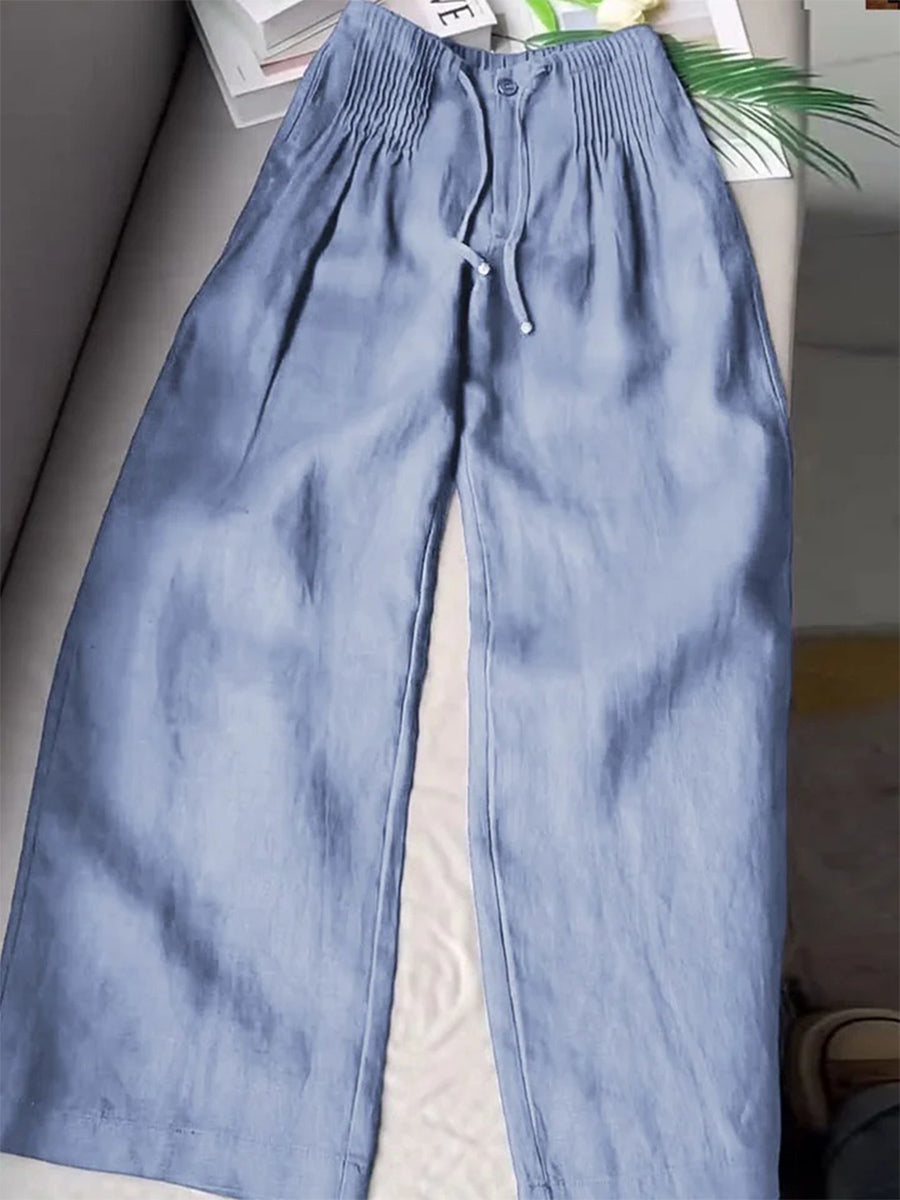 Women's Solid Color Pleated Drawstring Casual Wide Leg Pants