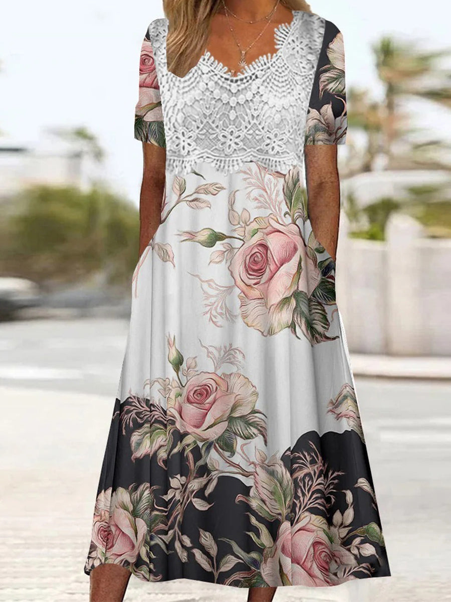 Women's Short Sleeve V-neck Graphic Printed Lace Stitching Midi Dress