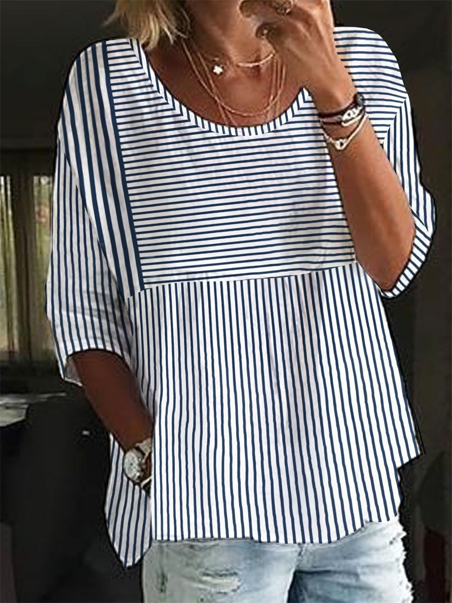 Casual Loose Striped Crew Neck Tunic Blouse