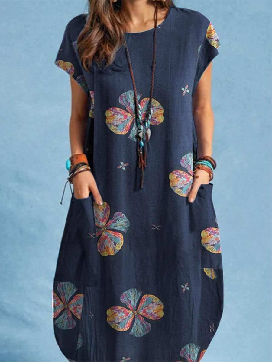 Plant Print Pocket Short Sleeve Casual Midi Dress