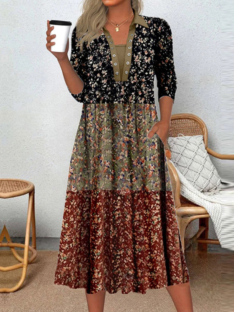 LilyWish Women's Long Sleeve Scoop Neck Graphic Floral Printed Midi Dress